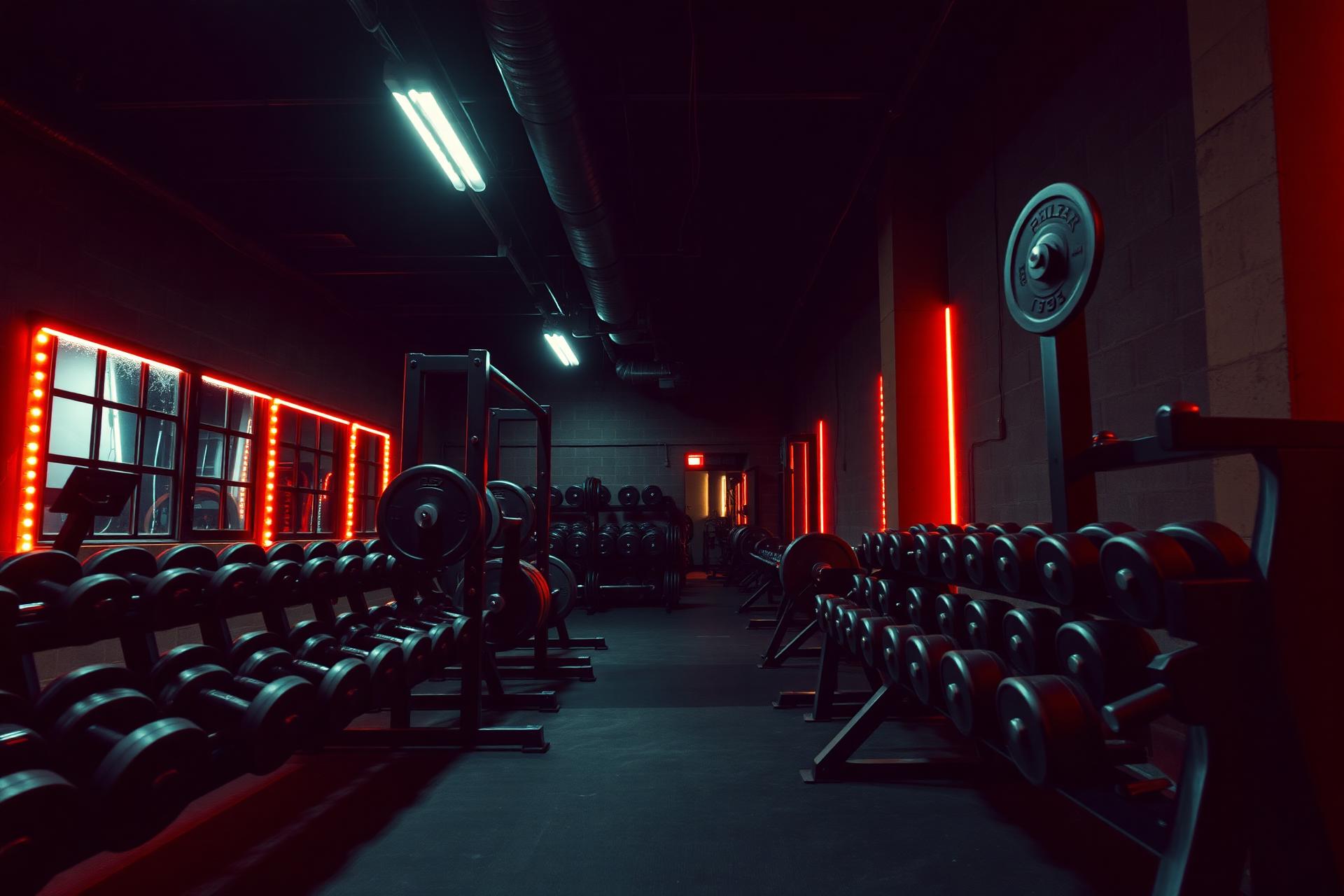 Interior of Unique Physique gym floor with heavy weights and dramatic lighting